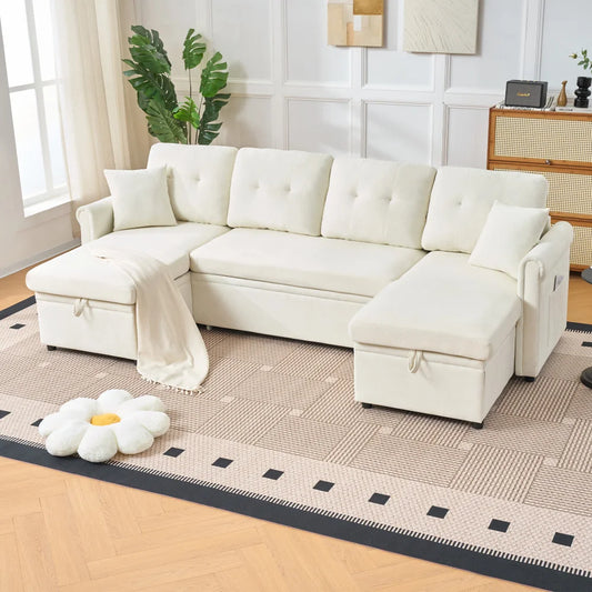 Canapé d’angle convertible beige familial